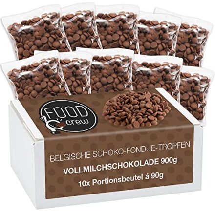 FOOD crew 900g belgische Schokolade für Fondue Vollmilch - Schokolade für Schokobrunnen – Schoko Kuvertüre Drops - 10 Portionsbeutel einzeln verpackt – Vollmilch Kuvertüre - Silvester Schokolade  