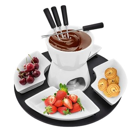 MoYouno Keramik-Schokoladen-Fondue-Topf-Set, Käsefondue-Sets, mit 4 Gabeln und 4 Schalen, Keramik-Butterwärmer-Set, nicht elektrisches Fondue-Set, erhitzt mit einem Teelicht, für Käse, Karamell (weiß)  